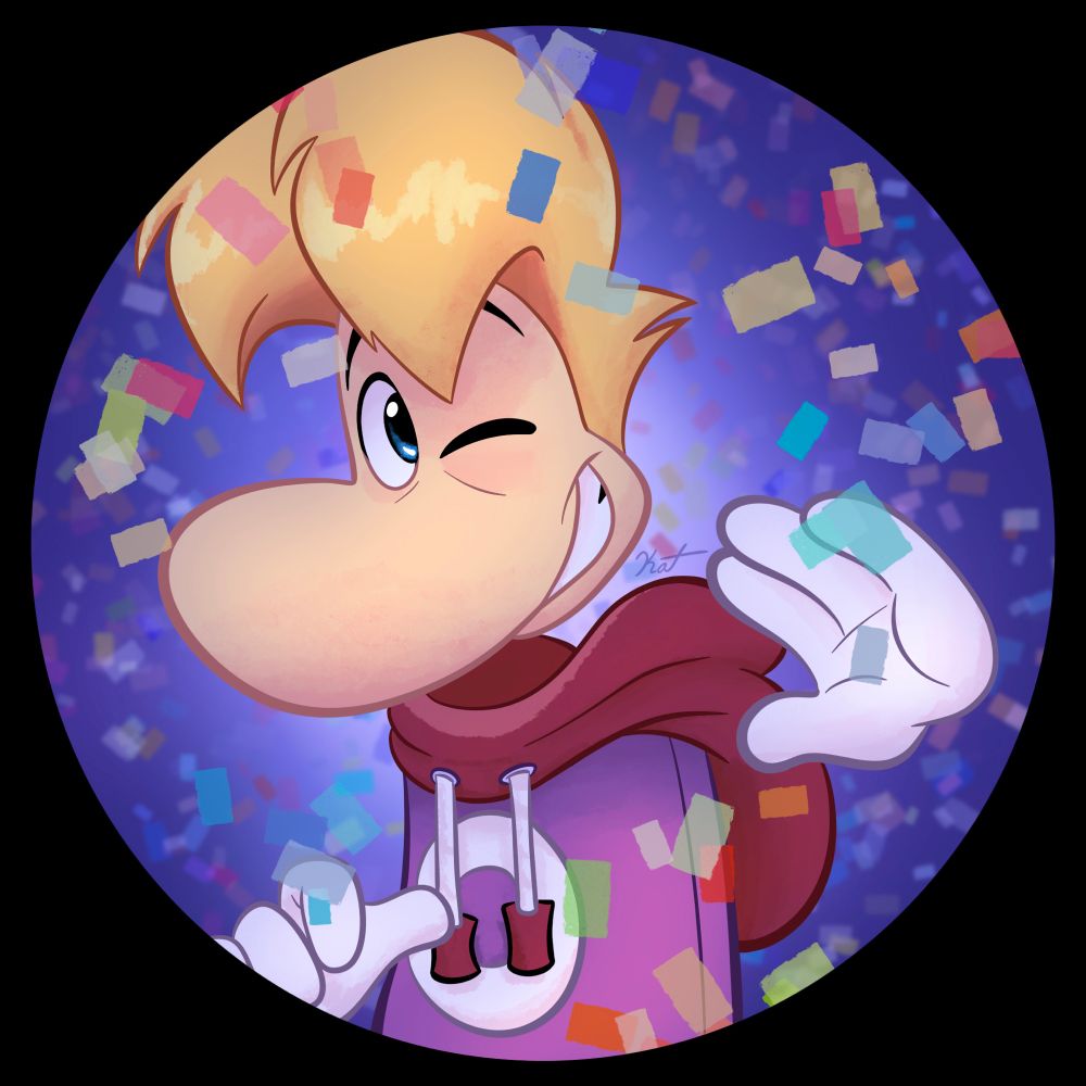 Rayman from the Rayman Sparks of Hope universe surrounded by confetti 