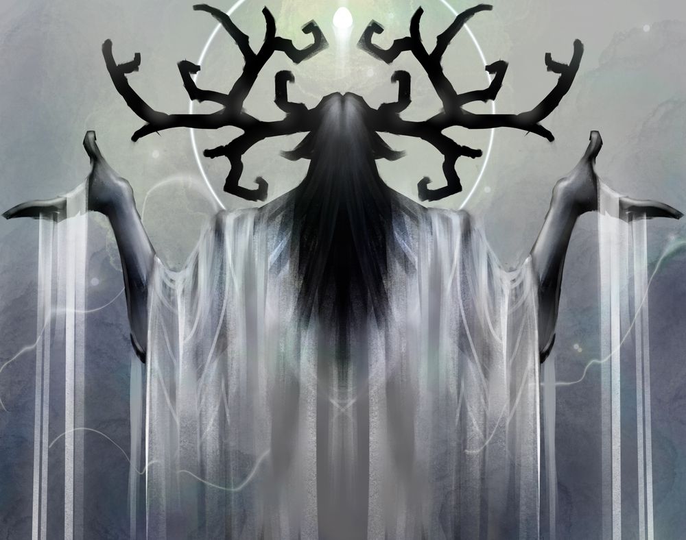 Rough panting of a figure with large antlers. They’re facing away looking up, arms outward with light streaming from the fingers. 