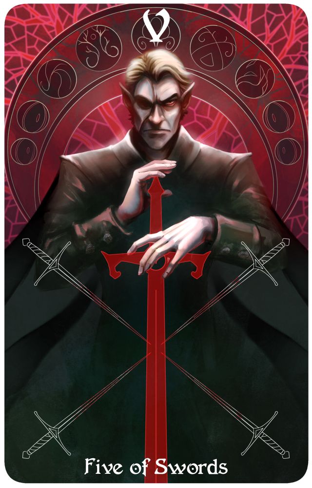Tarot card art for Five of Swords. A tall figure in black holds a red sword before him with pale hands. Four smaller swords point inwards with bloodied tips. The background is red stained glass with tree branch patterns covering it. Behind the character’s head is an art nouveau style halo of various symbols.