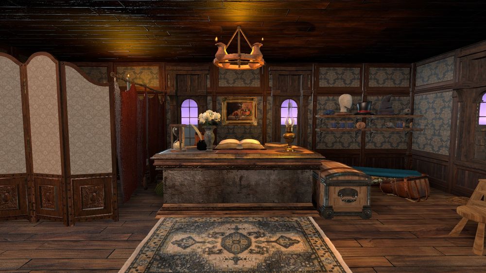 Render from Dungeon Alchemist of a Tailor's shop showing an entry way and front desk