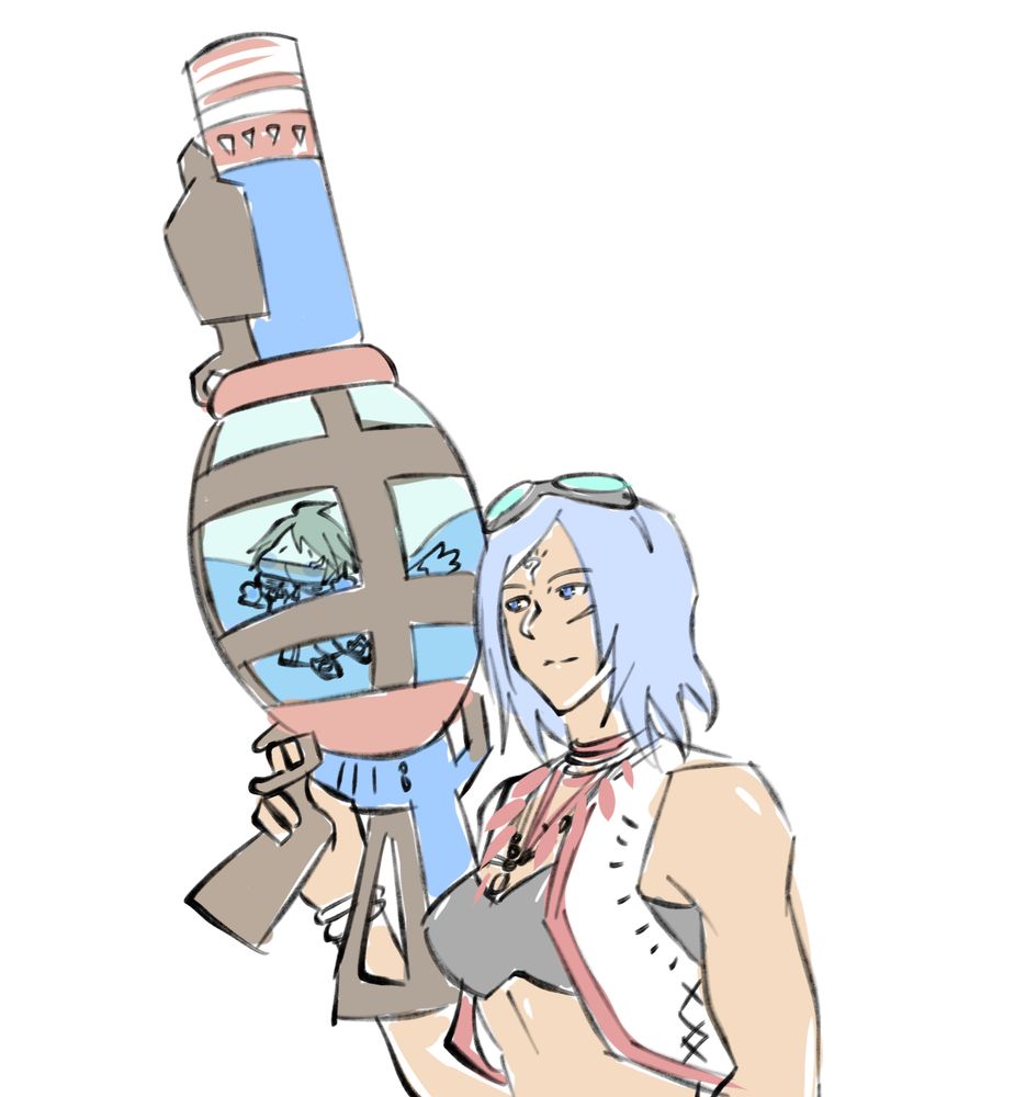 Hunter Setsuna in a summer outfit, holding the water pistol in one hand. A little Master Utsushi is inside the barrel of the gun, floating in the water.
