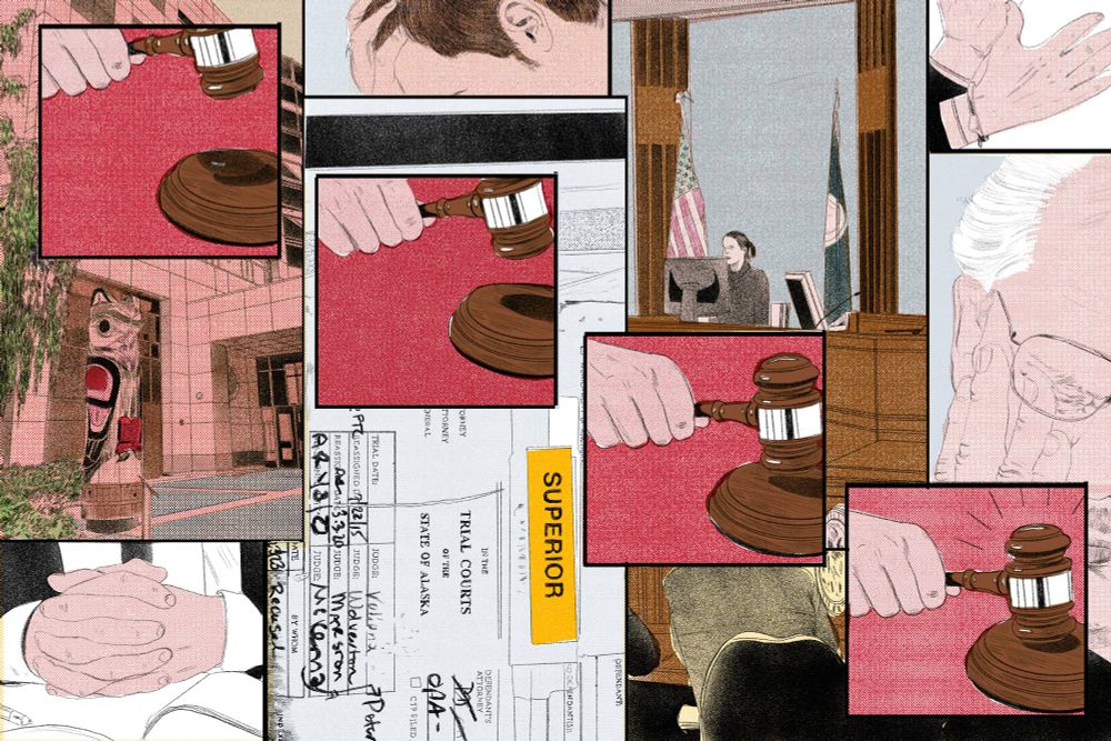 A series of overlapping comic book panels shows a gavel slowly banging down, a courtroom scene, a case file, and people wringing their hands or holding their heads in a sign of frustration.