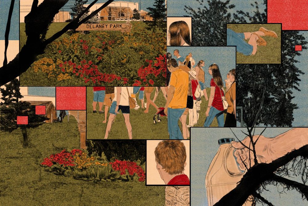 A scene at Delaney Park in Anchorage, Alaska, shows (in overlapping comic book style panels) a crowd of people, an overview of the park, a man looking at a woman, a woman lying on the ground, and a hand holding a jug.