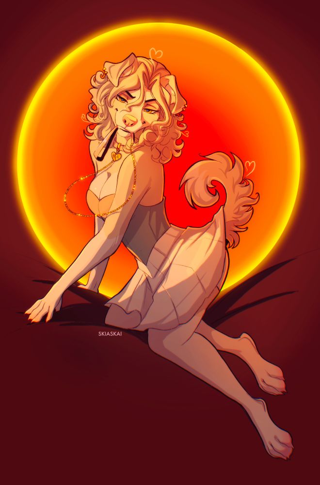 It’s Her, the blonde puppy girl holding her leash in her mouth and posing in front of an orange circle. She’s wearing a corset and skirt