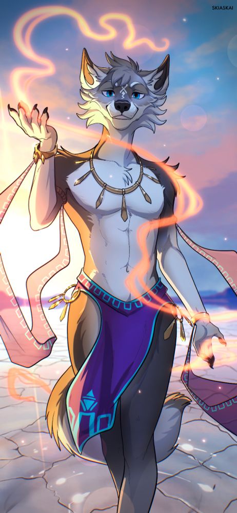 Shirtless wolf walking towards the viewer while smoke weaves around him, the setting is salt flats at sunset
