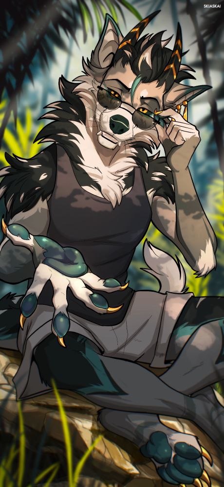 Wolf/dragon sitting in a sunny jungle on a rock stretching out his hand towards the viewer while lowering his sunglasses