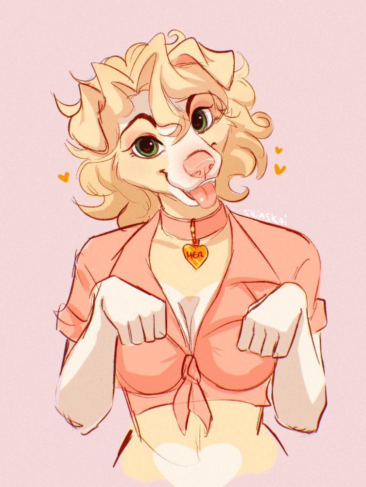 Blonde and white anthro dog with her ‘paws’ up, wearing a pink collar with a tag that reads ‘her’