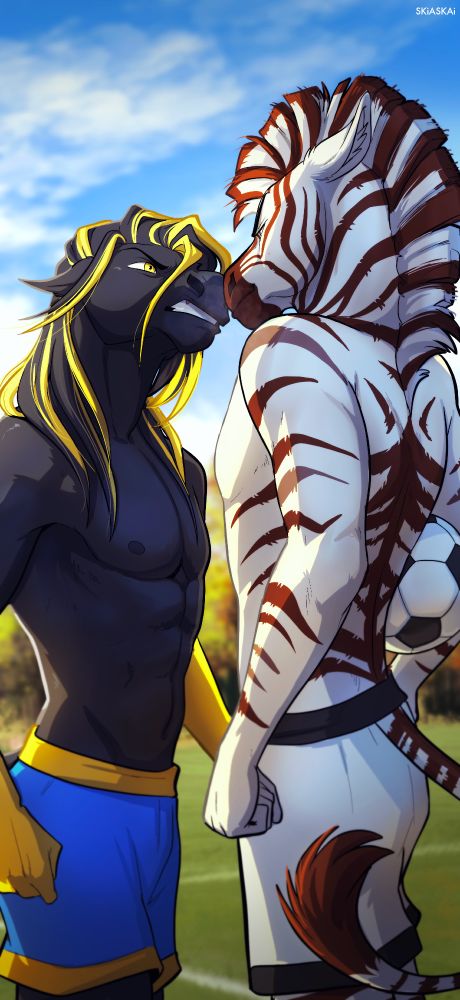 LockScreen commission of a Black and yellow horse and zebra sizing each other up before a game of football (soccer) on a pitch