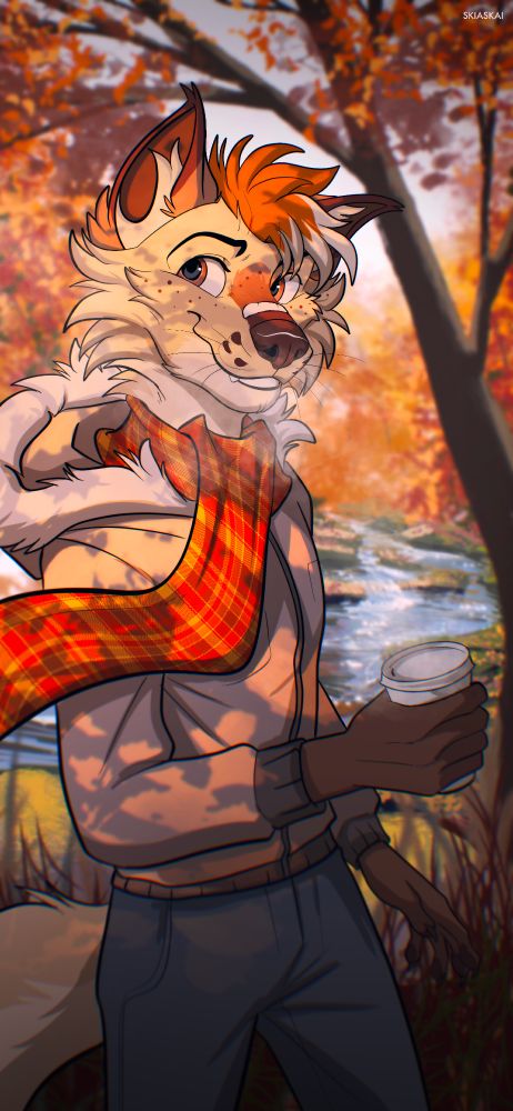 Lockscreen commission of a canine holding a coffee and enjoying a sunny autumn day in a forest 