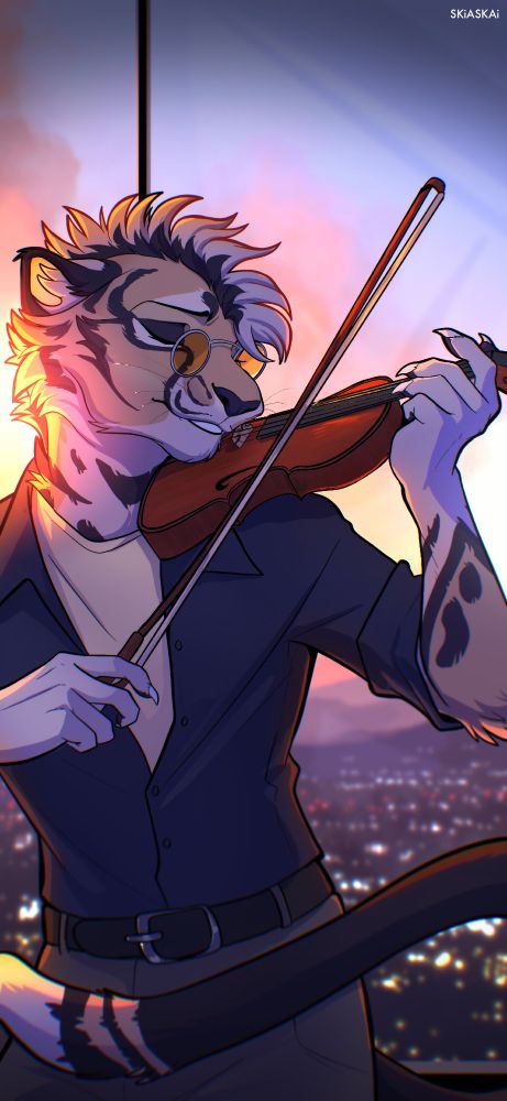 Tiger/Cheetah hybrid lost in the moment playing their violin, illuminated by a sunset over a cityscape outside 