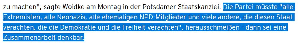 Die Partei müsste "alle Extremisten, alle Neonazis, alle ehemaligen NPD-Mitglieder und viele andere, die diesen Staat verachten, die die Demokratie und die Freiheit verachten", herausschmeißen - dann sei eine Zusammenarbeit denkbar.