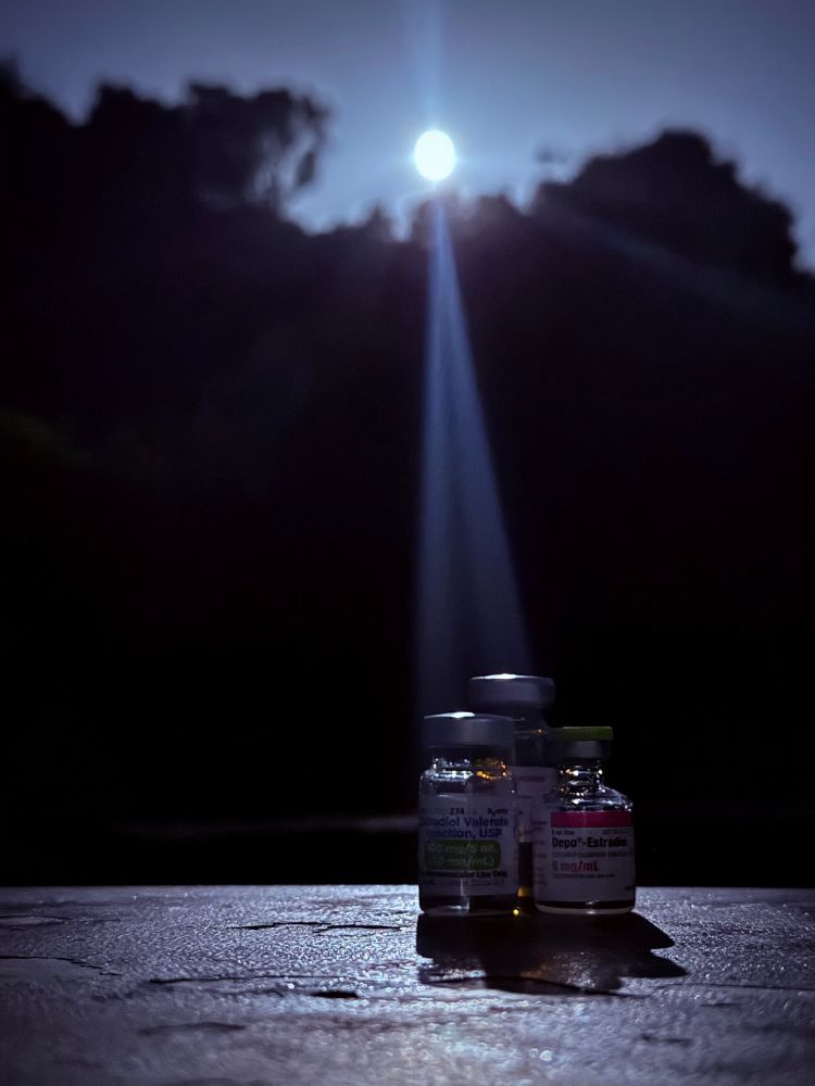 Three vials of estradiol under a literal moonbeam. Two cypionate, one valerate. All
of them belong to lesbians. The moon is gay too. 
