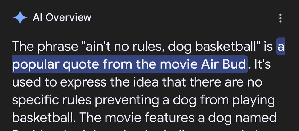 A stupid google AI overview that says the air bud quote is “ain’t no rules, dog basketball”
