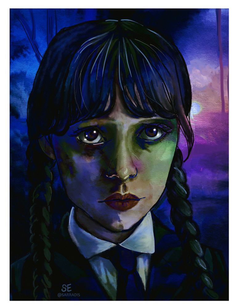 A digital painting of Wednesday Addams