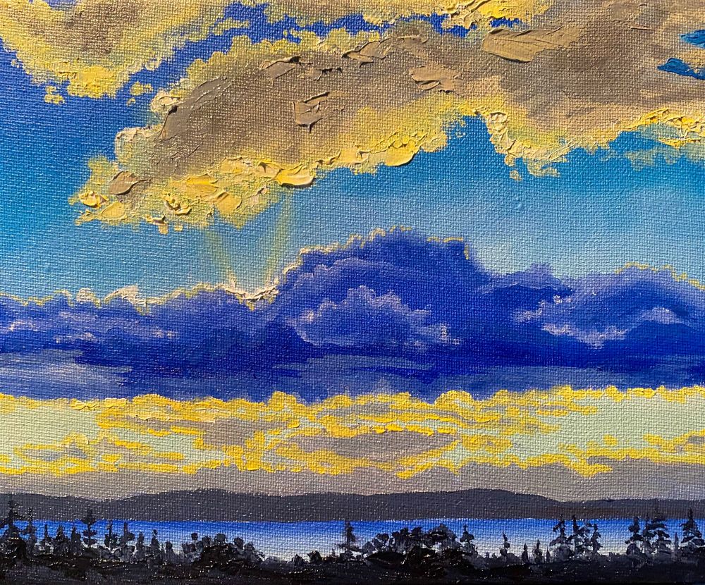 An oil painting of a Bras d'Or Lake sunset, highlighting the clouds in golds and blues 