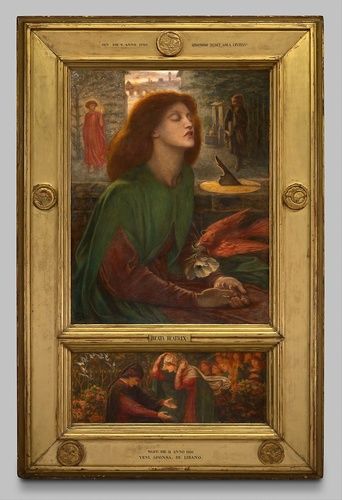 Both a poet and a painter, Dante Gabriel Rossetti was a founder of the Pre-Raphaelite Brotherhood, a circle of Victorian artists who were united in their regard for medieval aesthetics. Named after the thirteenth-century poet Dante Alighieri, Rossetti found inspiration for Beata Beatrix in his namesake’s La vita nuova (The New Life; 1295). Rossetti’s scene draws a parallel between Dante’s love for the late Beatrice and his own affection for his recently deceased wife and muse, Elizabeth Siddal. While this picture is a tribute to Siddal, Rossetti was adamant that it does not represent her death. Rather, the work portrays her as if in a trance or altered spiritual state.
Rossetti’s symbolism combines details from his personal life with those from La Vita Nuova. “The Dove” was the artist’s nickname for Siddal, and a haloed dove delivers her a white poppy, a symbol of laudanum—a derivative of opium—which caused her death by overdose. Above rises the Ponte Vecchio, the Florentine bridge that served as the setting of Dante’s poem. To the upper left is the personification of Love and to the right the figure of Dante, who doubles as a representation of Rossetti himself. The sundial shadows the number nine, the age Dante first saw Beatrice as well as the hour and day of her death. Rossetti designed the frame, and at the top right he inscribed, “How doth the city sit solitary.” This quote from La Vita Nuova refers to the city of Florence’s mourning of Beatrice.
Given the deeply personal nature of the work, Rossetti initially refused his patron William Graham’s request to create a replica, although he eventually yielded. The Art Institute’s painting is this second version, which is the only one to have a predella—the painted scene at the bottom of the frame—depicting Beatrice and Dante’s reunion in paradise. With this addition, Rossetti provides the medieval love story with a happy conclusion, perhaps suggesting that he, too, had begun to come to terms with his own profound grief.

Charles L. Hutchinson Collection