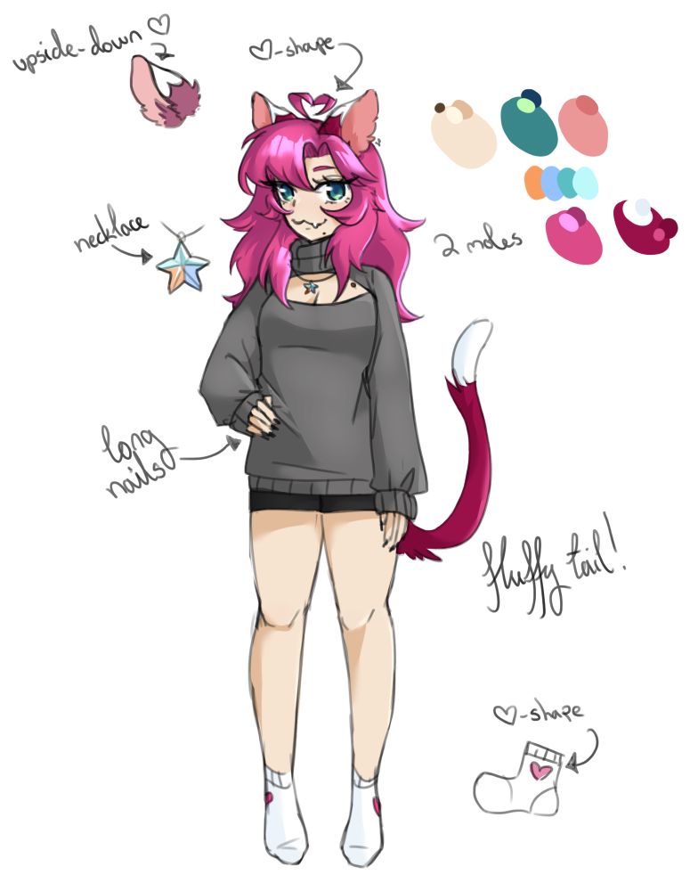 Pink catgirl character reference sheet