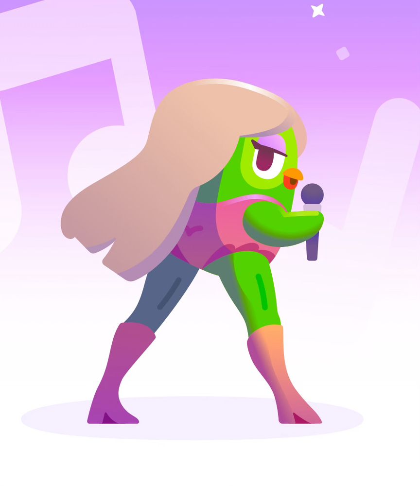 Duo the owl, but weirdly crossed with Taylor Swift, complete with makeup, long eyelashes, long blond hair, a microphone, and long human legs in knee-high boots
