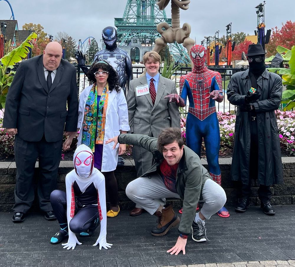 My family dressed up as characters from the Spider-verse (Kingpin, Gwen Stacy, Doc Ock, Venom, J. Jonah Jameson, Peter B. Parker, Spider-man and Spider-Noir)