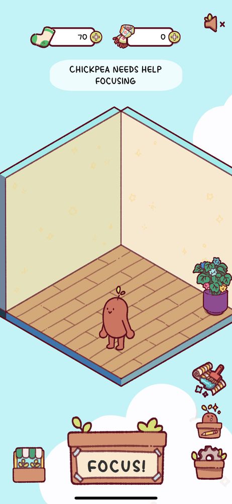 An empty bean room with one brown bean and a purple-potted plant in the corner