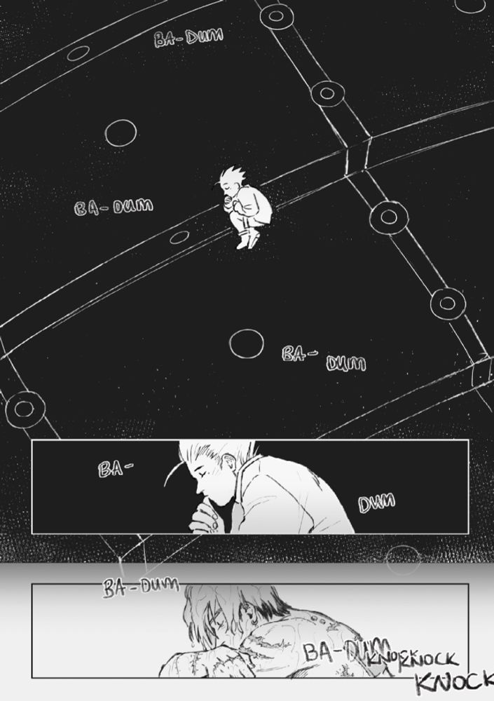 A grayscale Trigun comic featuring Vash and Wolfwood.
Against a black background, child Vash floats in Ship 5, curled up and with his thumb pressed to his mouth. Heartbeat noises sound around him, and he looks at peace. The background shifts to white and shows adult Vash, sitting shirtless with his knees pulled up to his chest. The heartbeat sound continues only to be interrupted by knocking.