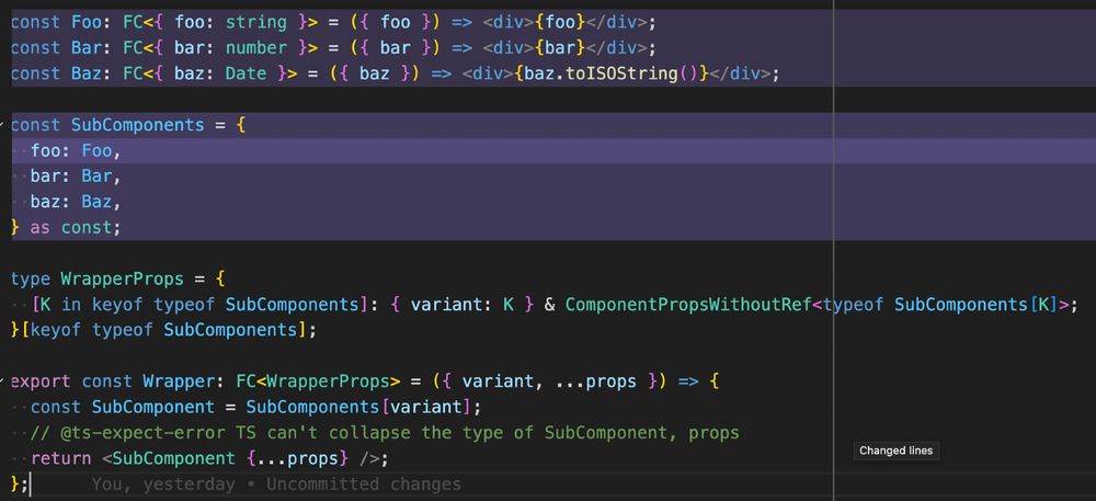 Screenshot of VSCode with the following React-TypeScript code:
```
const Foo: FC<{ foo: string }> = ({ foo }) => <div>{foo}</div>;
const Bar: FC<{ bar: number }> = ({ bar }) => <div>{bar}</div>;
const Baz: FC<{ baz: Date }> = ({ baz }) => <div>{baz.toISOString()}</div>;

const SubComponents = {
  foo: Foo,
  bar: Bar,
  baz: Baz,
} as const;

type WrapperProps = {
  [K in keyof typeof SubComponents]: { variant: K } & ComponentPropsWithoutRef<typeof SubComponents[K]>;
}[keyof typeof SubComponents];

export const Wrapper: FC<WrapperProps> = ({ variant, ...props }) => {
  const SubComponent = SubComponents[variant];
  // @ts-expect-error TS can't collapse the type of SubComponent, props
  return <SubComponent {...props} />;
};
```