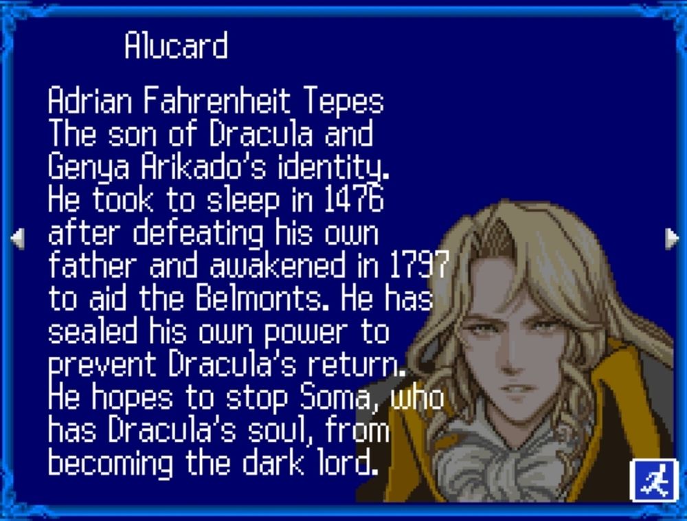 Screenshot of Alucard's bio from the Castlevania: Dawn of Sorrow's Library showing Alucard's full name to be Adrian Fahrenheit Tepes.