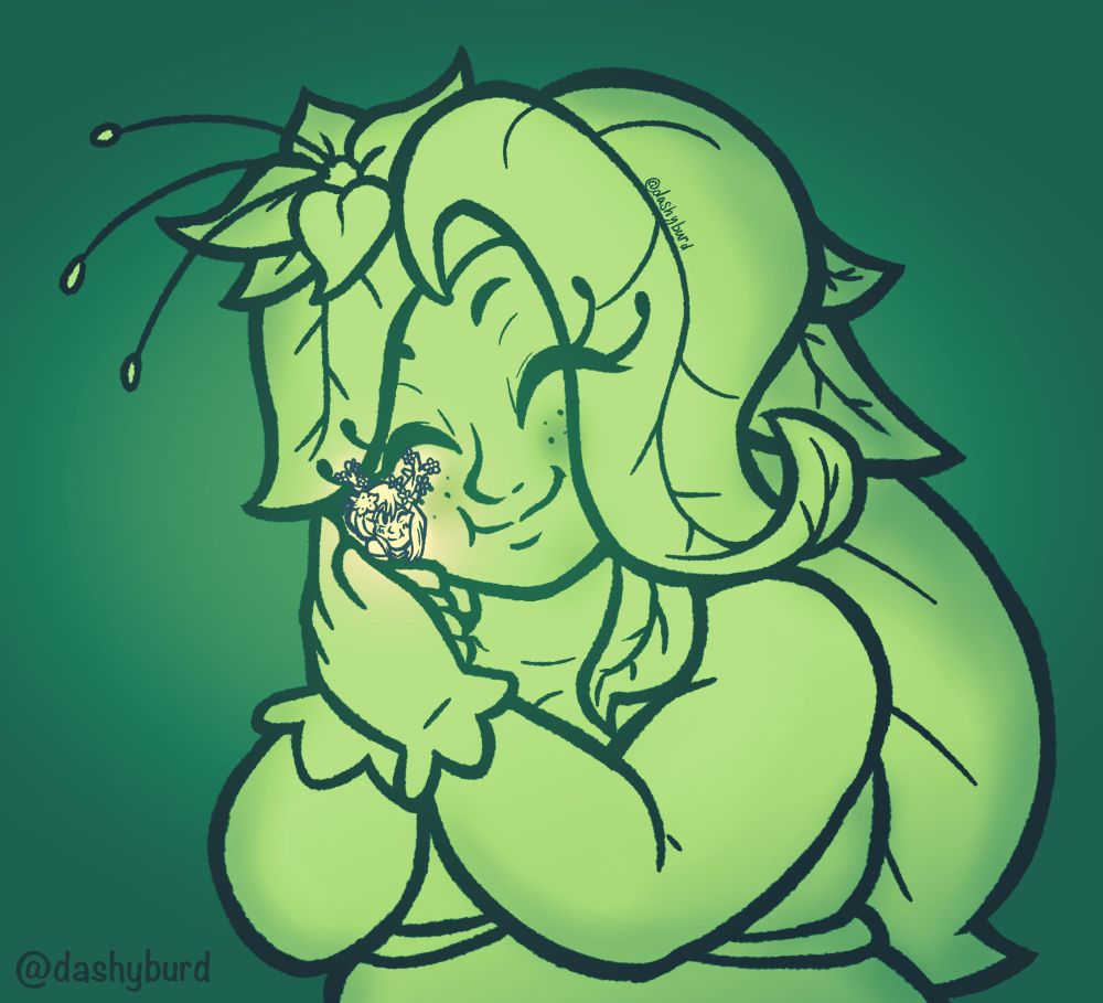 Giant fat plant girl hugging a tiny flowery elf in her hands, pressing him against her cheek with a smile. The little elf is blushing and smiling back.