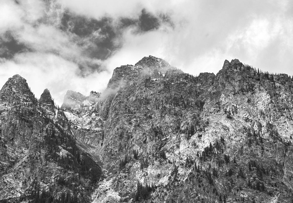 Black and white photo looking up the side of steep craggy rock faces of the Teton mountains, with some scattered patches of snow in a valley near the top and fir trees thick on the left side and thin along the bottom right, under a cloudy sky with a couple small patches of dark gray 