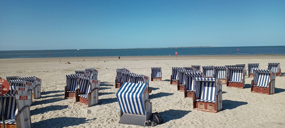 Strandkörbe auf dem Strand und nam Horizont kann man Juist sehen
