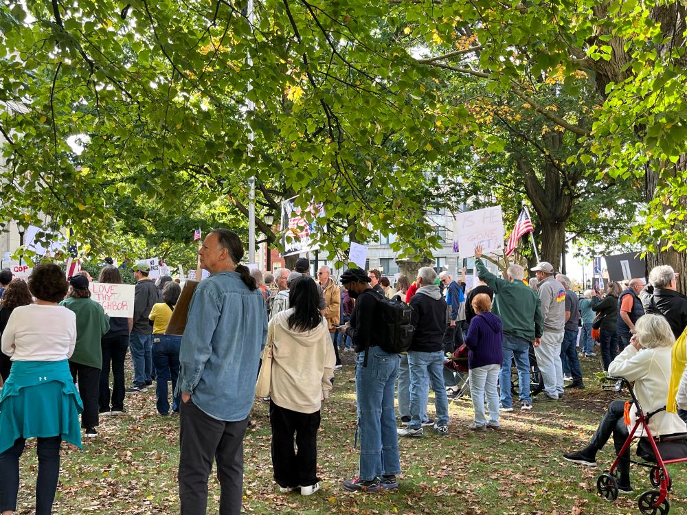 The backs of people in the crown on the grounds of the Broome County court house.