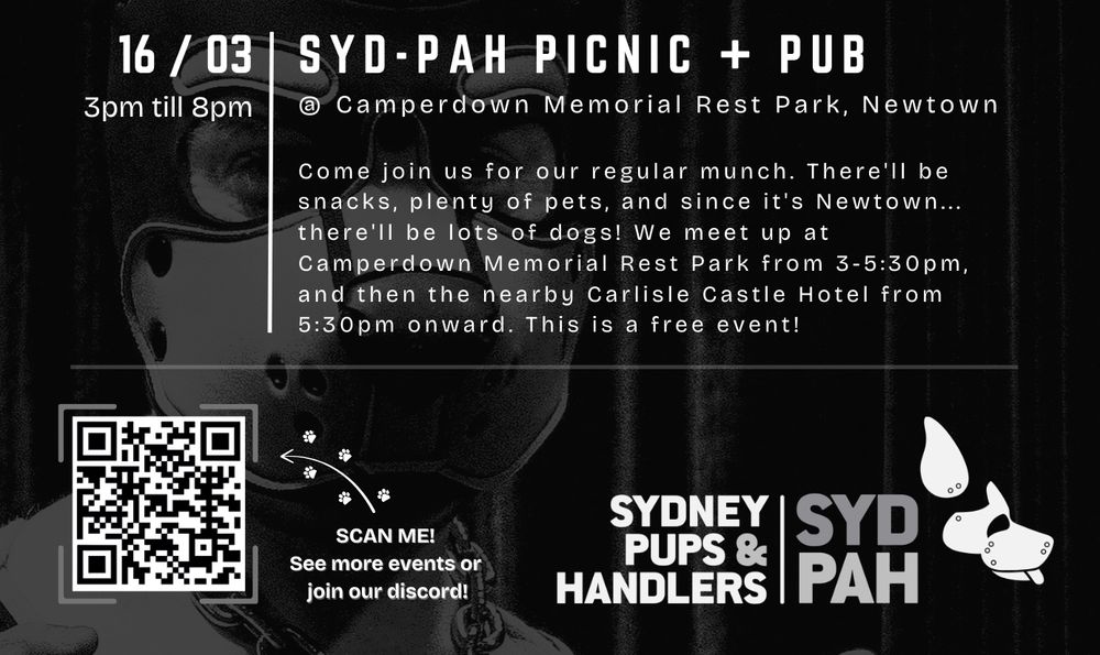 An infographic poster with details of the SYD-PAH Picnic & Pub picnic at 3pm Saturday 16th March. Come join us for our regular munch. There'll be snacks, plenty of pets and since it's Newtown there'll be lots of dogs! We meet up at Camperdown Memorial Rest Park from 3-5.30pm and then the nearby Carisle Castle Hotel from 5.30pm onward. This is a free event.