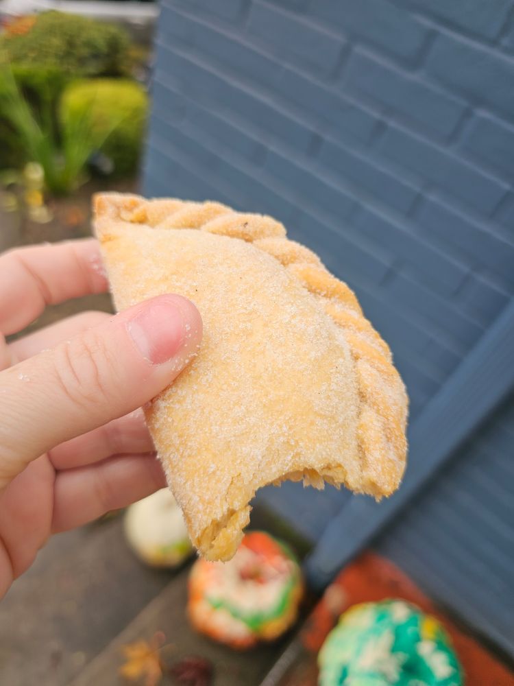A hand holds up a golden, sugar-dusted empanada to the camera. There's a huge bite taken out of the bottom.