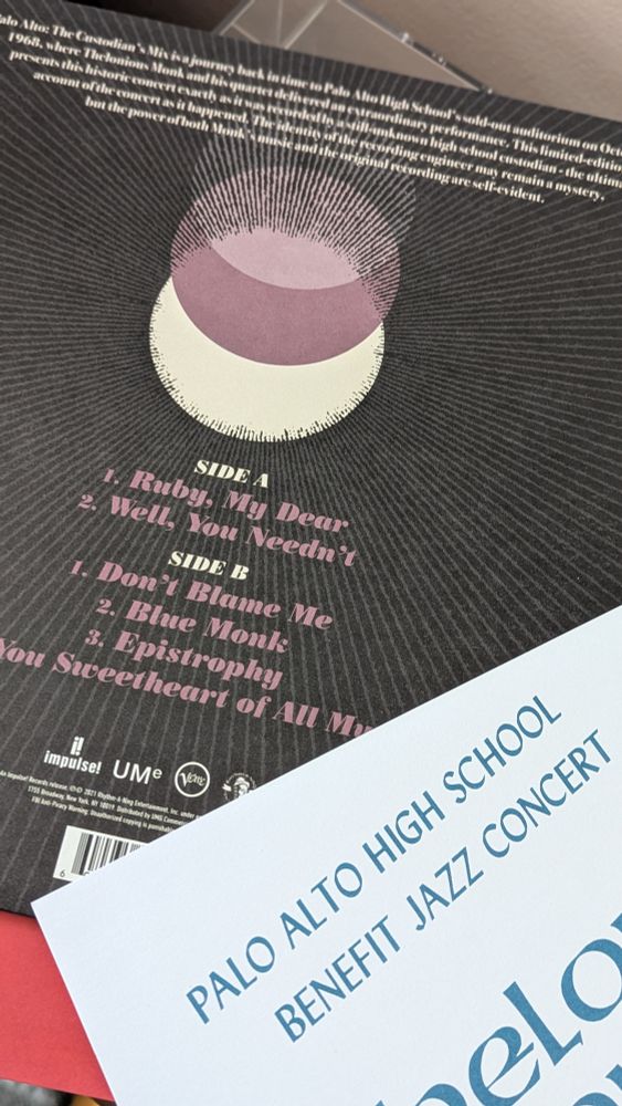 Rear cover of Thelonious Monk Palo Alto (Custodian's Mix) LP. 