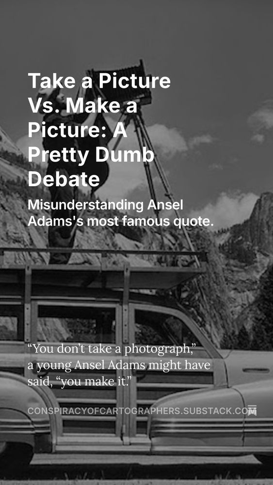 Cover for new podcast episode with Ansel Adams standing on his car taking a photo with a large format camera. 