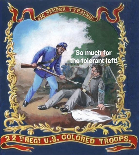The flag of the 22nd regiment us colored troops from the civil War depicting a black Union soldier sticking a bayonet into the stomach of a confederate soldier.