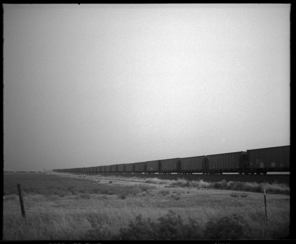A long line of train cars stretches into the left-distance. A swell of ground blocks some of the view. The sky is overcast and bright. 