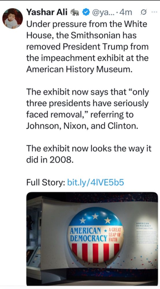 Announcement that the Smithsonian has removed Trump from the impeachment exhibit at the American History Museum.