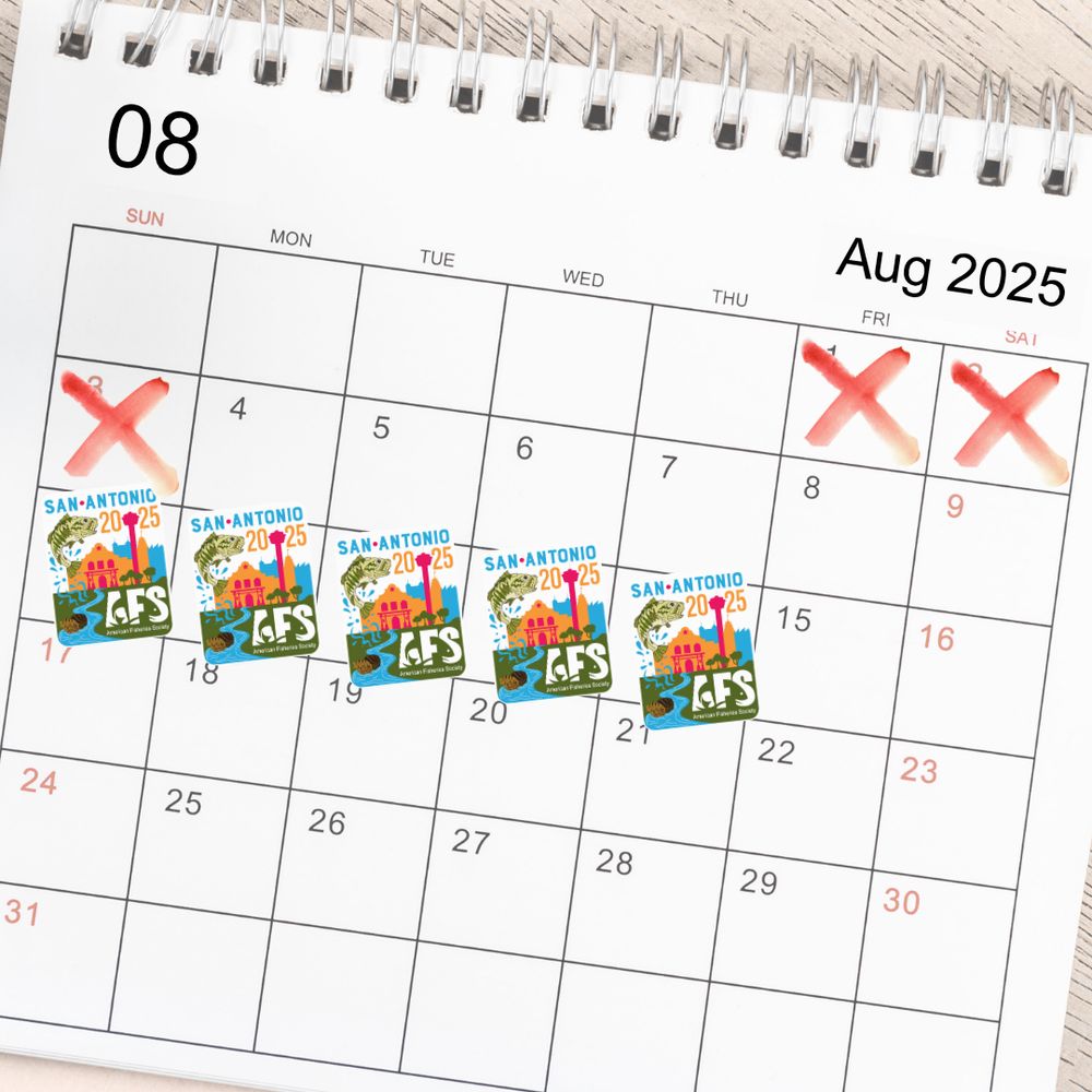 Calendar page of August 2025. “X”es cross out the days of the month that have already passed. AFS Annual Meeting logos are present on the dates of August 10 through 14. 