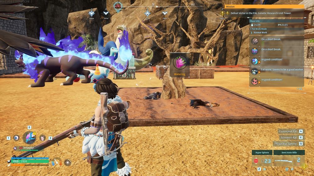 A screenshot from Palworld of a fruit tree growing over two dead bodies.