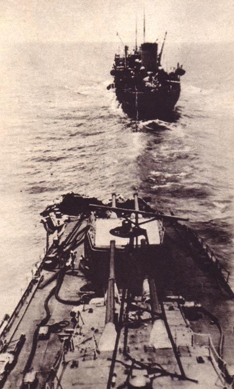 Japanese cruiser Mogami returning from the Midway Campaign, a series of battles that did not necessarily develop to the advantage of the Japanese. The front 12m or so of the bow is pointing thirty degrees to port. This is not how it was designed.