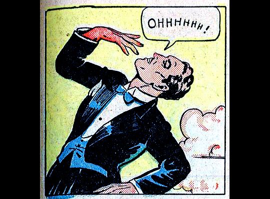 A man wearing a tuxedo faints theatrically in a nightclub.