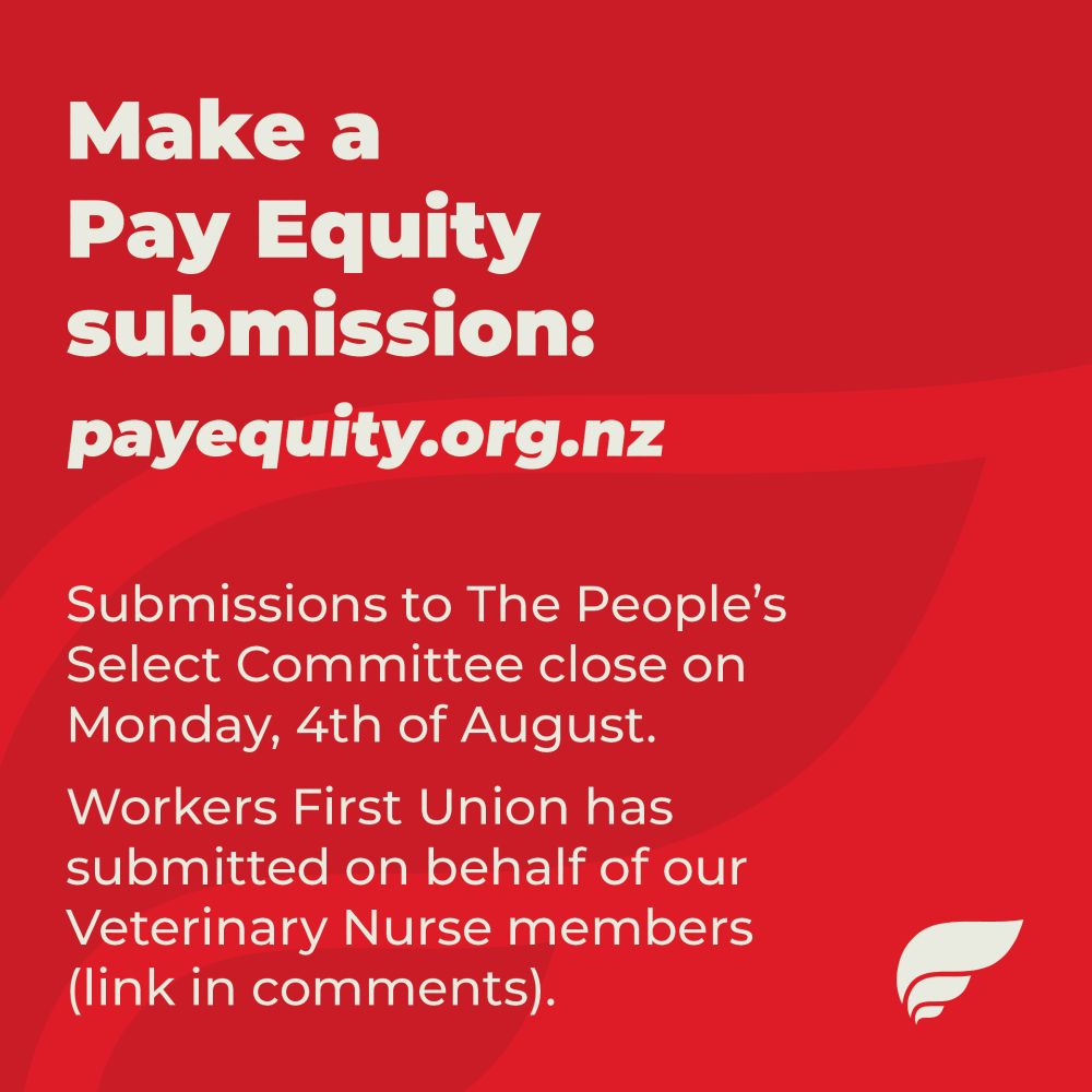 text reading "Make a Pay Equity submission:
payequity.org.nz

Submissions to The People’s Select Committee close on Monday, 4th of August. Workers First Union has submitted on behalf of our Veterinary Nurse members (link in bio)."