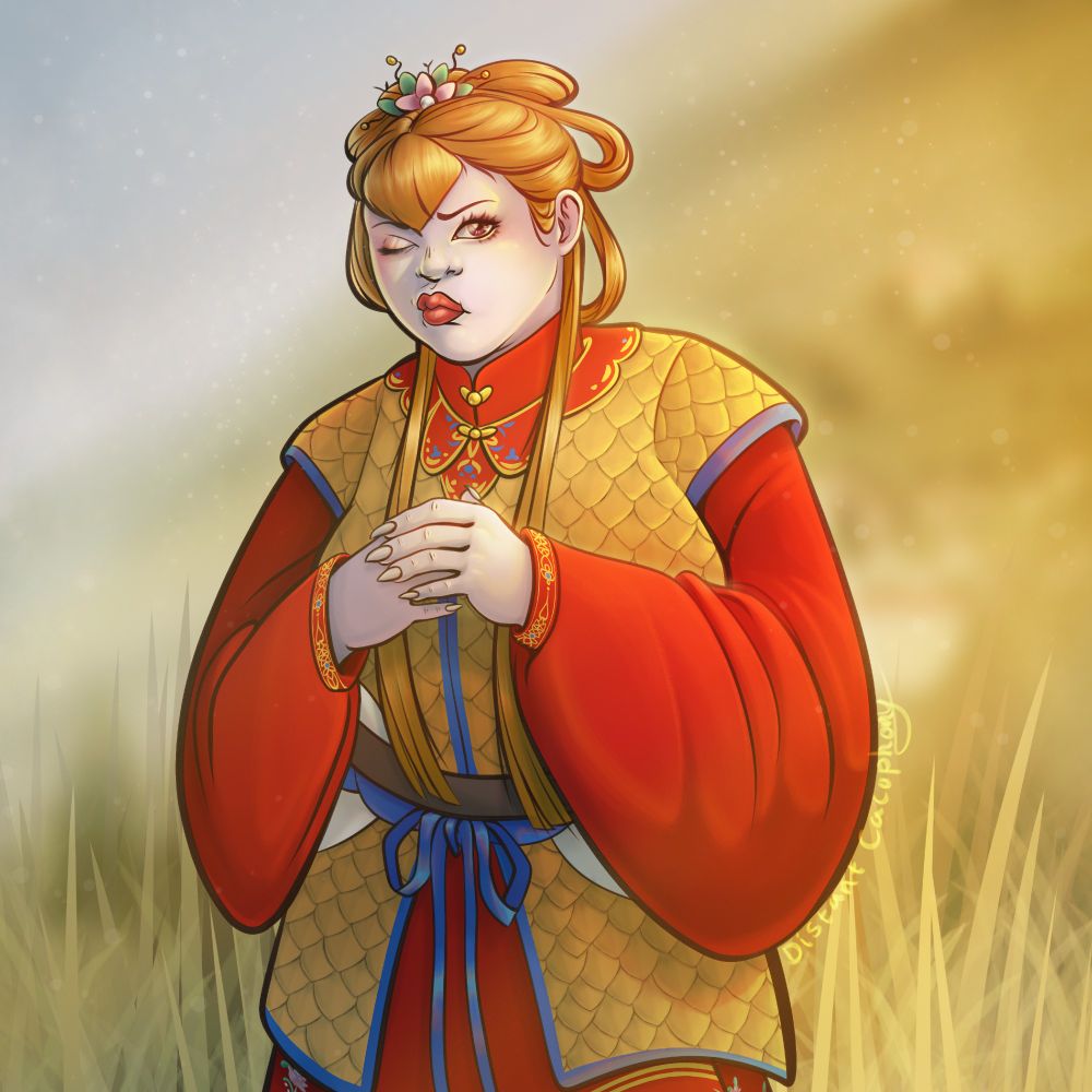 A pangolin shifter lady. Hair is pulled back with a flower clip accented. A scaled chest plate over a knee-length red dress with gold designs and pink flowers. She stands in a "gotta give it to 'em" pose, slightly pouting, looking troubled.