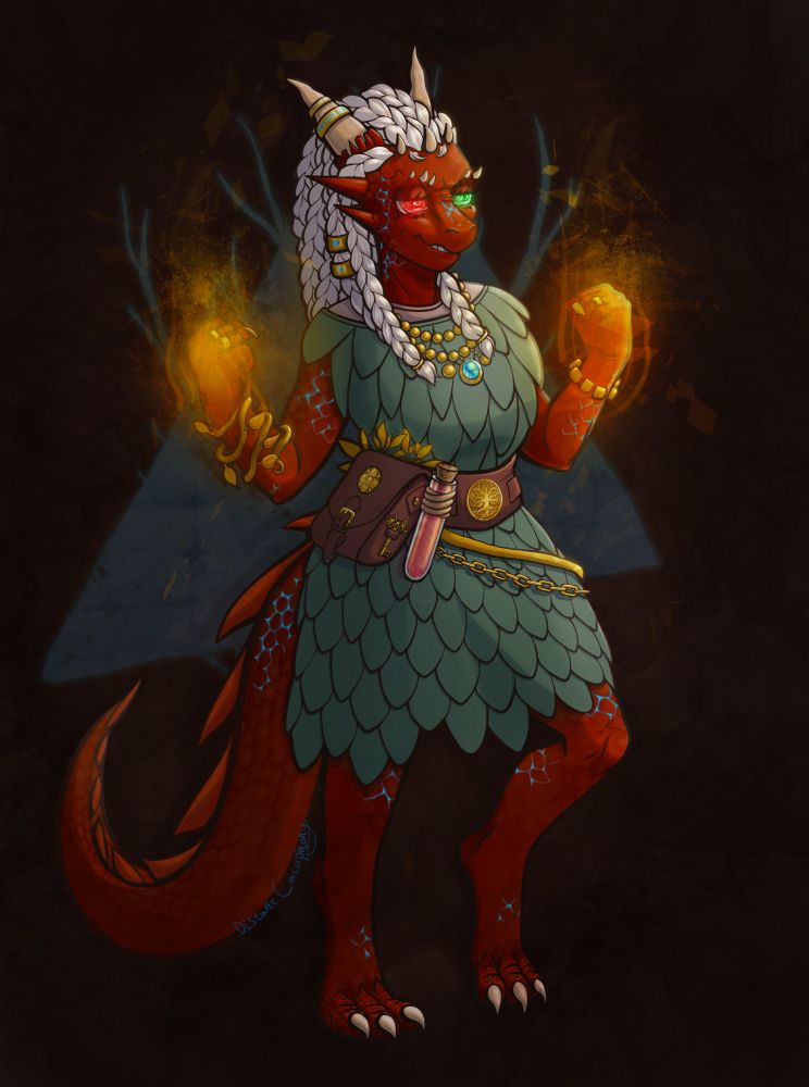 A red "Kobold" (she's really a personified dungeon that's chosen to represent herself as her favorite race), white braided hair with two rings adorning it, two horns coming out of her head. Her right horn has two rings on it with blue triangles wrapped around as decoration. Her face in animalesque with and extended snout, with two horn-like protrusions coming out from the side of her head. Her right eye glows red, her left eye glows green. She has a beaded necklace hanging down to just above her chest, with a blue jewel charm in the middle. Her dress is bluish-green with a layered leaf-like style. She has a thick leather belt around her waist with a large tree emblem in the center. From it also hangs a bag with a flower medallion, a potion filled with a red liquid, a bunch of leaves behind the bag, and a branch and golden chain link hanging down. She has a long tailed curled out behind her, and digitigrade-like legs with long nails. On her right arm she has a branch with leaves, on her left arm she wears a simple bracelet. Behind her is a large triangle with branches coming off.

She has an intimidating expression, with yellow-orange magic plumes coming from her hands, geometric shapes faintly around.