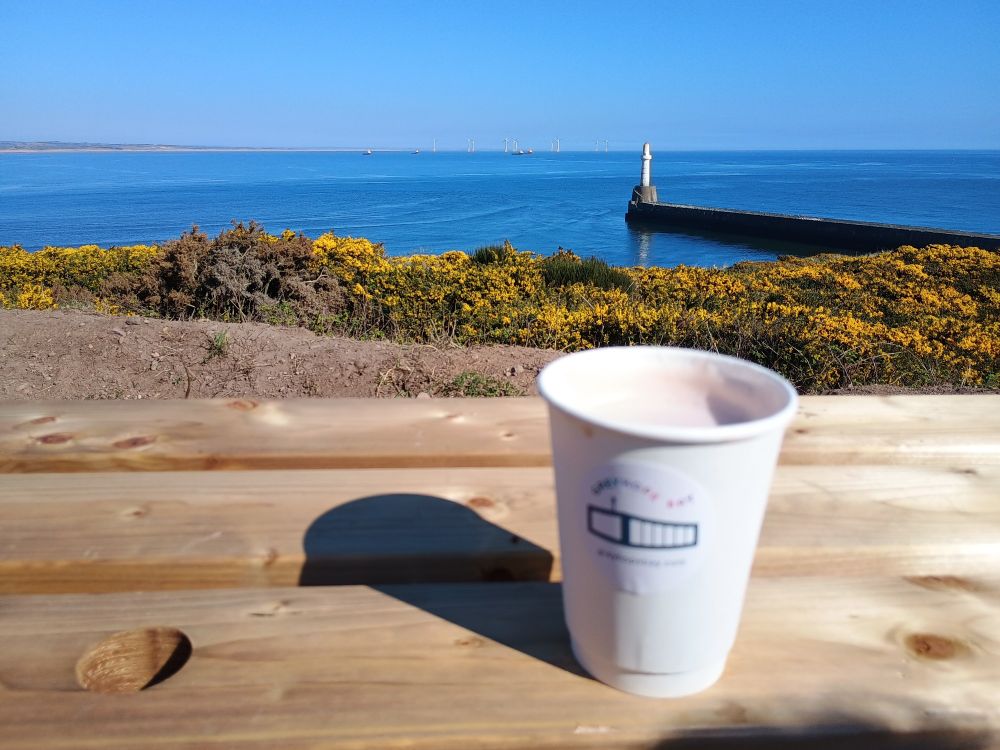Coffee cup, gorse, lighthouse, sea and blue sky 
