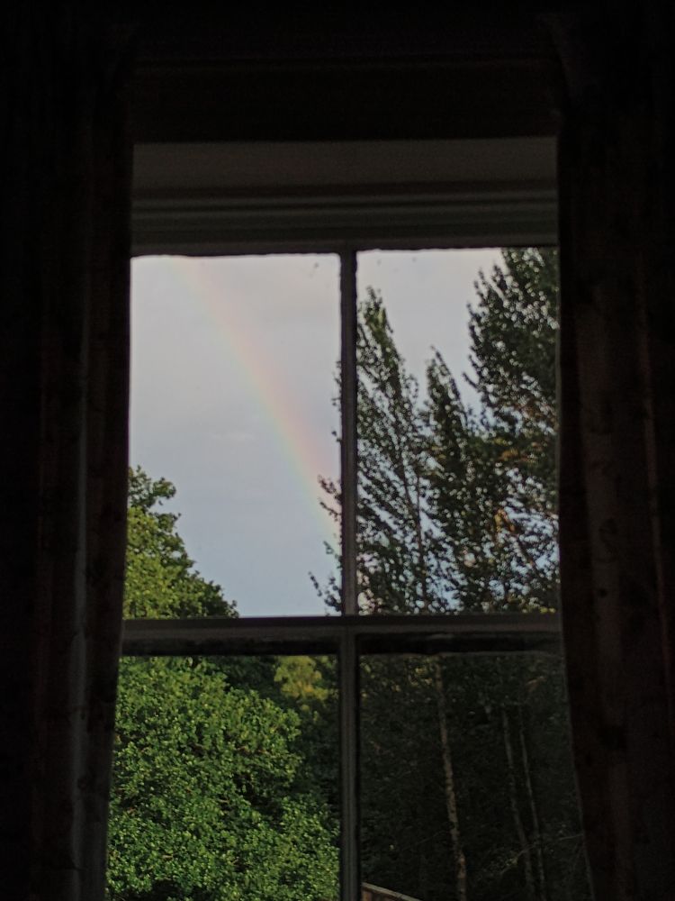Rainbow and trees through hotel window in Northumberland