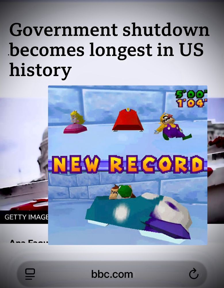 Low quality edit of “new record” sound from Mario Party over a headline about government shutdown