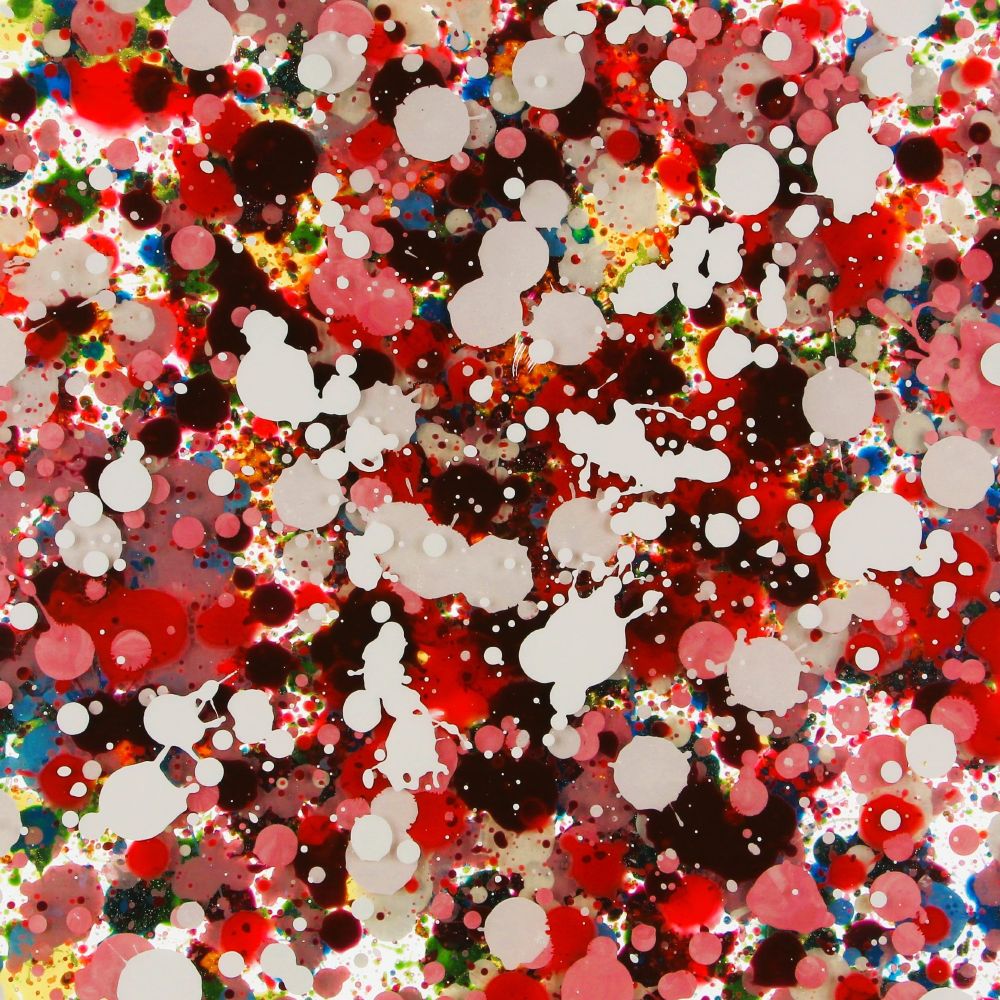 Jackson Pollock-style paint drops in red, pink, white and maroon.