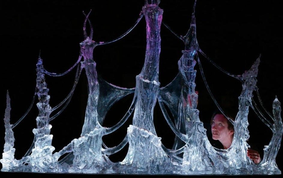 A sculpture that appears like cylinders of ice. 